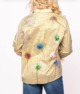Queen of Sparkles Gold Stripe Multi Sparkler Button Up Top with Pink Feather Sleeves - Boutique Bella Bellablouse