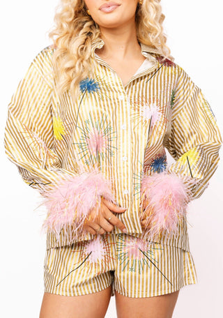Queen of Sparkles Gold Stripe Multi Sparkler Button Up Top with Pink Feather Sleeves - Boutique Bella Bellablouse