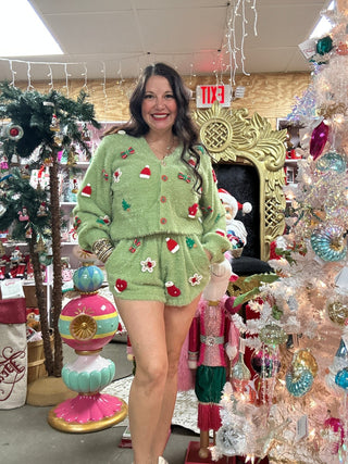 Queen of Sparkles - Green Fuzzy Knit Christmas Icon Cardigan - Boutique Bella Bella