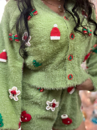 Queen of Sparkles - Green Fuzzy Knit Christmas Icon Cardigan - Boutique Bella Bella