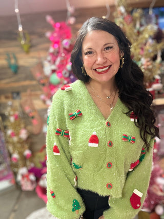 Queen of Sparkles - Green Fuzzy Knit Christmas Icon Cardigan - Boutique Bella Bella