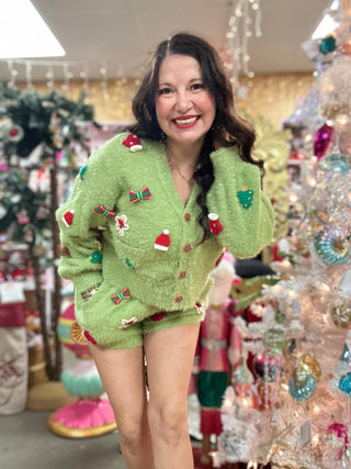 Queen of Sparkles - Green Fuzzy Knit Christmas Icon Cardigan - Boutique Bella Bella