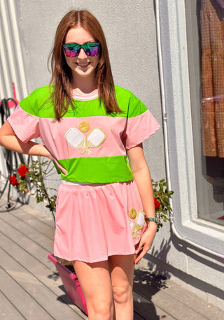 Queen Of Sparkles-Green & Pink Stripe Pickle Ball Active Tee - Boutique Bella BellaQueen of Sparkles