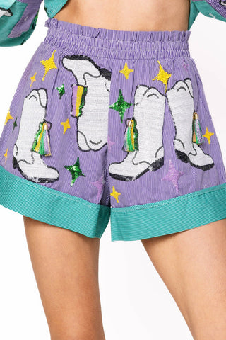 Queen of Sparkles Green & Purple Stripe Colorblock Mardi Gras Boot Shorts - Boutique Bella BellaActive wear shorts