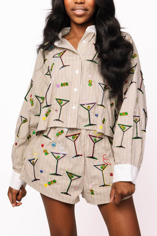 Queen of Sparkles Green Stripe Rainbow Martini Button Up Top - Boutique Bella BellaTops