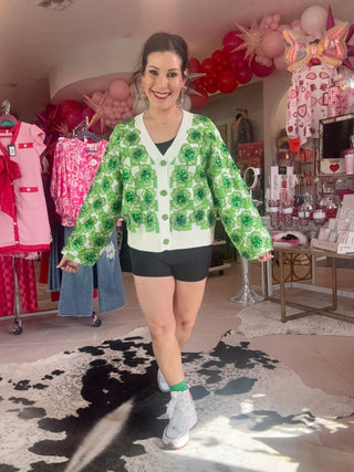 Queen of Sparkles - Green & White Checkered Sequin Shamrock Cardigan - Boutique Bella Bella