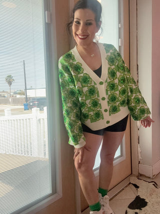 Queen of Sparkles - Green & White Checkered Sequin Shamrock Cardigan - Boutique Bella Bella