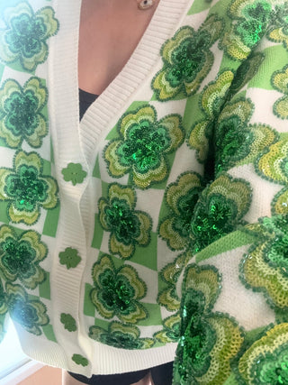 Queen of Sparkles - Green & White Checkered Sequin Shamrock Cardigan - Boutique Bella Bella