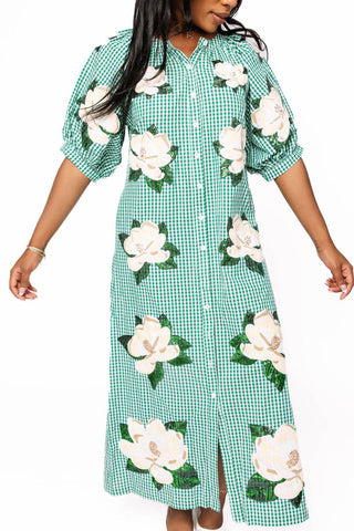 Queen of Sparkles Green & White Gingham Magnolia Button Up Cotton Midi Dress - Boutique Bella BellaQueen of Sparkles