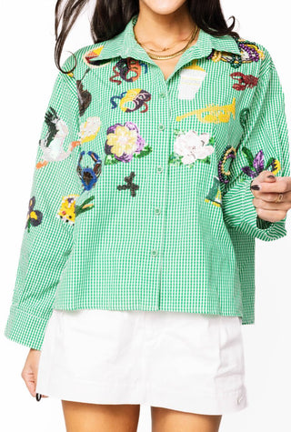 Queen of Sparkles Green & White Gingham Mardi Gras Icon Button Up Cotton Top - Boutique Bella BellaCasual Top