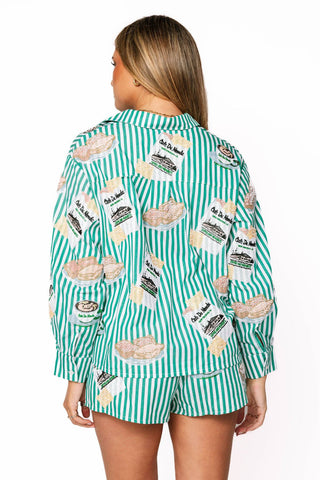 Queen of Sparkles Green & White Stripe Café Du Monde Icon Button Up Top - Boutique Bella BellaQueen of Sparkles