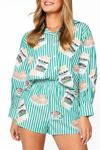 Queen of Sparkles Green & White Stripe Café Du Monde Icon Button Up Top - Boutique Bella BellaQueen of Sparkles