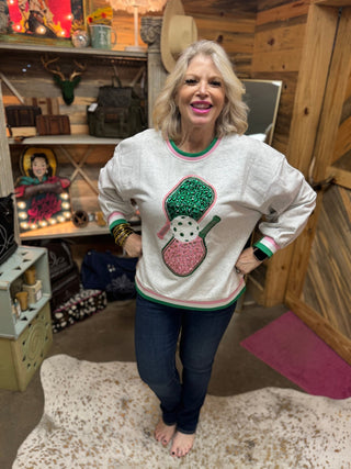 Queen of Sparkles - Grey, Green & Pink Jeweled Sport Stripe Pickle Ball Sweatshirt - Boutique Bella BellaQueen of Sparkles