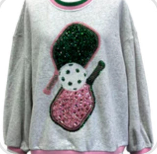 Queen of Sparkles - Grey, Green & Pink Jeweled Sport Stripe Pickle Ball Sweatshirt - Boutique Bella BellaQueen of Sparkles