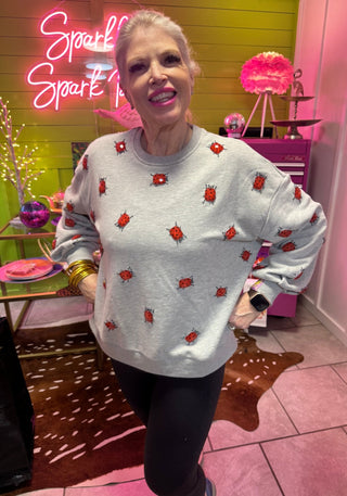 Queen of Sparkles - Grey Jewel Lady Bug Sweatshirt - Boutique Bella Bella