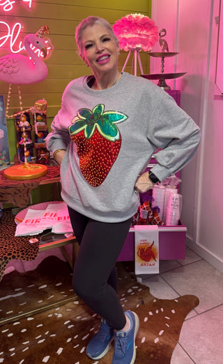 Queen of Sparkles - Grey Metallic Strawberry Sweatshirt - Boutique Bella Bella