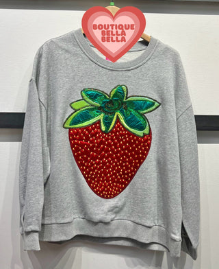 Queen of Sparkles - Grey Metallic Strawberry Sweatshirt - Boutique Bella Bella