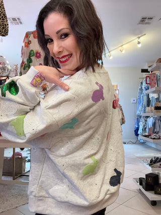 Queen of Sparkles - Grey Multi Bunny Sweatshirt - Boutique Bella Bella