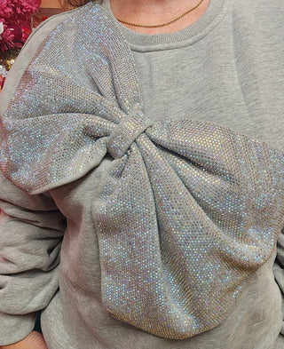 Queen of Sparkles - Grey Rhinestone Oversized Bow Sweatshirt - Boutique Bella BellaQueen of Sparkles