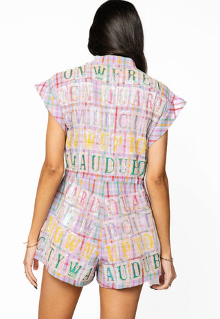 Queen of Sparkles Lavender Plaid Street Tile Zip Up Romper - Boutique Bella BellaRomper