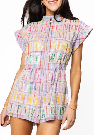 Queen of Sparkles Lavender Plaid Street Tile Zip Up Romper - Boutique Bella BellaRomper