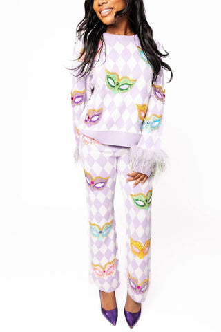 Queen of Sparkles Lavender & White Diamond Print Multi Mask Feather Sleeve Sweater - Boutique Bella BellaSweater
