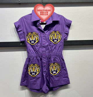 Queen of Sparkles - Licensed - Purple & Gold LSU Tiger Head Pocket Button Up Romper - Boutique Bella Bella