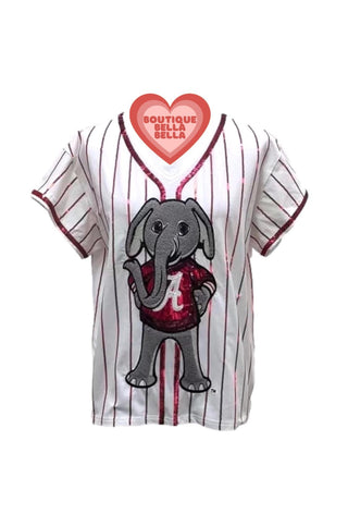 Queen of Sparkles - Licensed - White & Crimson Stripe Alabama Elephant Tee - Boutique Bella Bella