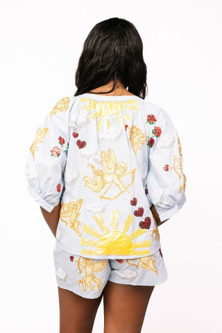 Queen of Sparkles Light Blue Cupid in the Sky Cotton Button Up - Boutique Bella BellaTops