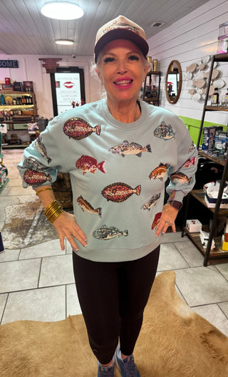 Queen of Sparkles - Light Blue Fish Sweatshirt - Boutique Bella Bella