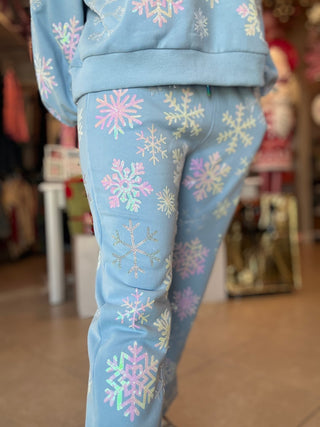 Queen of Sparkles - Light Blue Iridescent Snowflake Joggers - Boutique Bella Bella