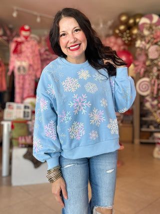 Queen of Sparkles - Light Blue Iridescent Snowflake Sweatshirt - Boutique Bella Bella