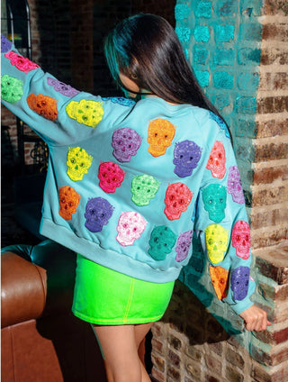 Queen of Sparkles - Light Blue Multi Color Sugar Skull Sweatshirt - Boutique Bella BellaQueen of Sparkles