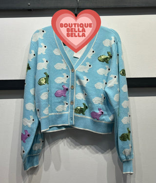 Queen of Sparkles - Light Blue Scattered Bunny Cardigan - Boutique Bella Bella