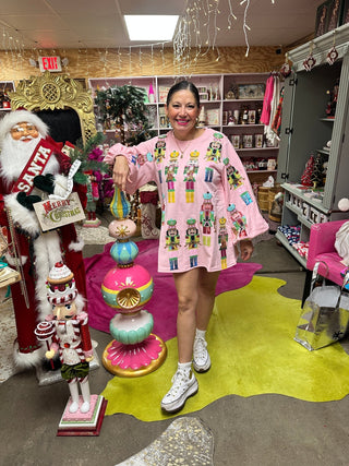 Queen of Sparkles - Light Pink Nutcracker Band Balloon Sleeve Sweatshirt Dress - Boutique Bella Bella