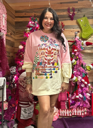 Queen of Sparkles - Light Pink/Beige Gingerbread House Scene Sweatshirt Dress - Boutique Bella Bella