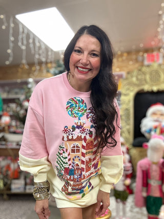 Queen of Sparkles - Light Pink/Beige Gingerbread House Scene Sweatshirt Dress - Boutique Bella Bella