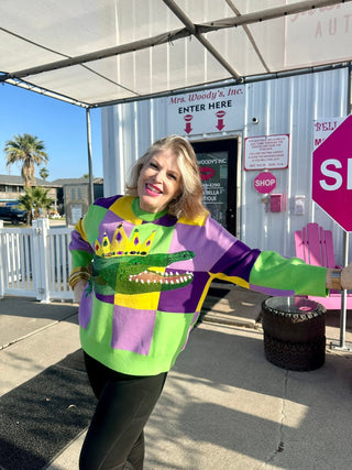 Queen of Sparkles Mardi Gras Checkered Alligator Queen Sweater - Boutique Bella BellaSweater
