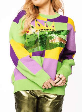 Queen of Sparkles Mardi Gras Checkered Alligator Queen Sweater - Boutique Bella BellaSweater