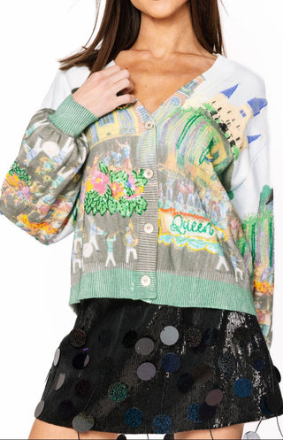 Queen of Sparkles Mardi Gras Parade Scene Button Up Cardigan - Boutique Bella BellaCardigan