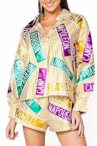 Queen of Sparkles Metallic Gold Stripe Nola Street Signs Button Up Top - Boutique Bella BellaCasual Top