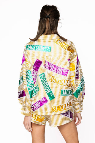 Queen of Sparkles Metallic Gold Stripe Nola Street Signs Button Up Top - Boutique Bella BellaCasual Top
