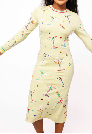 Queen of Sparkles Mint Green Multi Cosmo & Martini Knit Midi Dress - Boutique Bella BellaDress