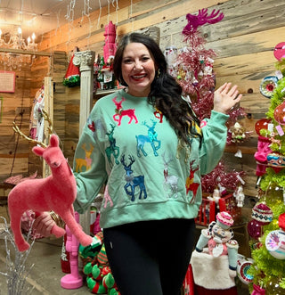 Queen of Sparkles - Mint Green Sweatshirt With Velvet Reindeers & Bows - Boutique Bella Bella