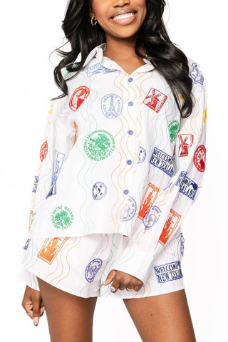 Queen of Sparkles Multi Passport Stamp Button Up Cotton Top - Boutique Bella BellaTops