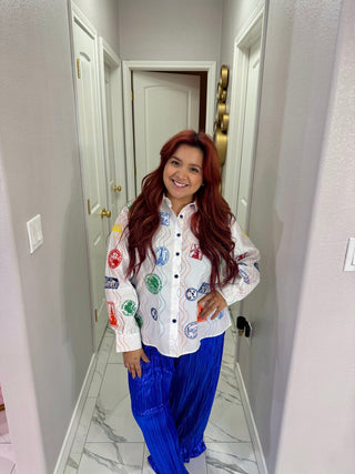 Queen of Sparkles Multi Passport Stamp Button Up Cotton Top - Boutique Bella BellaTops