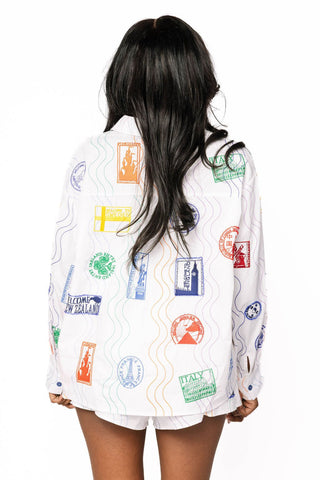 Queen of Sparkles Multi Passport Stamp Button Up Cotton Top - Boutique Bella BellaTops