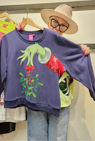 Queen of Sparkles - Navy Grinch Mistletoe Hand Sweatshirt - Boutique Bella Bella