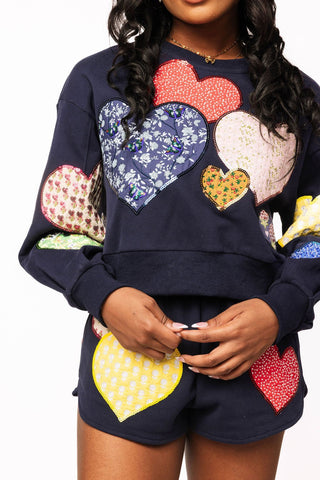 Queen of Sparkles Navy Multi Embroidered Hearts Sweatshirt - Boutique Bella BellaSweatshirt