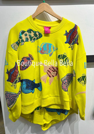 Queen of Sparkles- Neon Yellow Multi Fish Sweatshirt - Boutique Bella BellaQueen of Sparkles